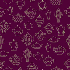 tea pots seamless pattern on a purple background
