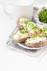 Healthy breakfast sandwiches white cream cheese croissants milk