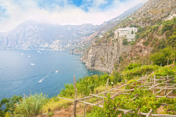 beautiful sea and mountain view from terraced vineyard