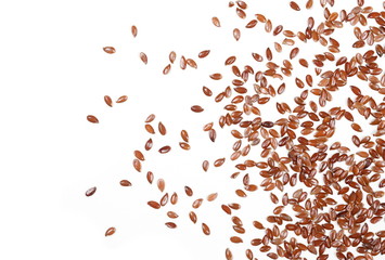 pile flax seeds isolated on white background, top veiw linseeds