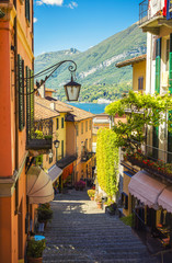 Picturesque and colorful old town street in Italian city of Bellagio