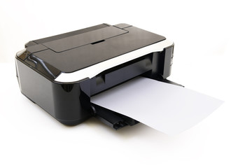 Printer and paper isolated on white background
