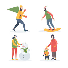 Winter holidays outdoor activities. Young man carries Christmas tree, woman with child, girl sculpts snowman, snowboarder. Vector illustration.