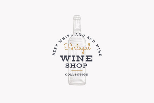 Wine of Portugal. Vector logo of wine store with picture of wine bottle on white background. Engraved style.