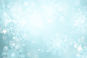 Abstract light blue colored bright blurry snowflakes illustration, copy space greeting card background. 