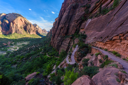 Hiking in beautiful scenery in Zion National Park along the Angel's Landing trail, View of Zion Canyon, Utah, USA