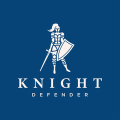 Modern vector professional logo emblem woman knight on blue background