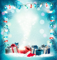 Christmas holiday background with gift boxes and magic box. Vector.