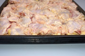 Woman at home fries chicken meat on a frying pan. The meat is not yet fried, raw