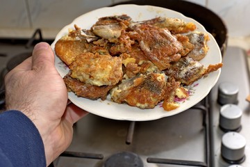 Fish roasting on frying pan at home kitchen
