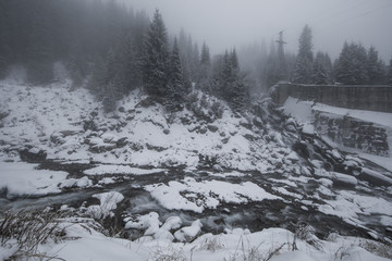 river in the mountains, fog, winter