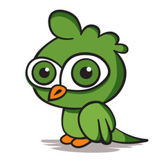 Cartoon green parrot on white background. Vector illustration.