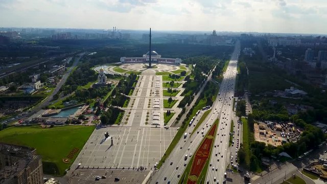 Aerial view on Poklonnaya Hill in Moscow, Russia. Poklonnaya Hill in Moscow, Russia. Statue of St. George and main building of museum of Great Patriotic War on Poklonnaya Hill, aerial view.