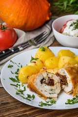 Chicken breast stuffed with cheese and dried tomatoes.