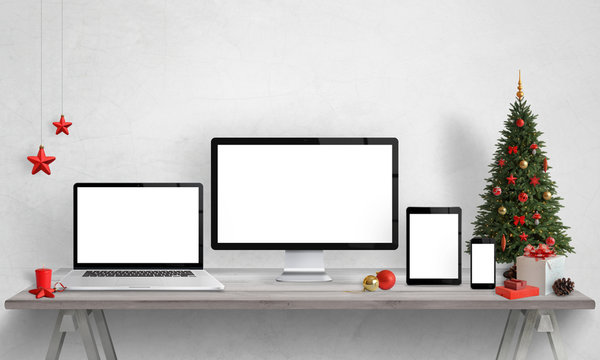 Responsive devices mockups with Christmas decorations. Isolated screen of devices for web site design presentation.