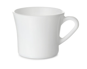 Empty white ceramic cup for tea or coffee, isolated on white background.