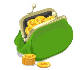 Coins pour into the open purse. Vector illustration