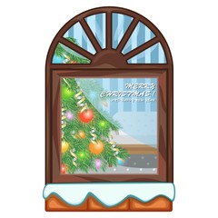 Window and christmas tree with wall background for merry christmas and happy new year