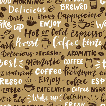 Seamless pattern of words about coffee.