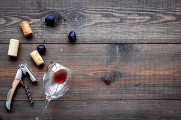 Glass with wine sediment and grape on dark wooden background top view copyspace