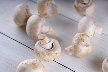 Mushrooms champignons on a white wooden background