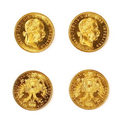 Gold ducat of Austria-Hungary in 1915, Franz Joseph I isolated on white