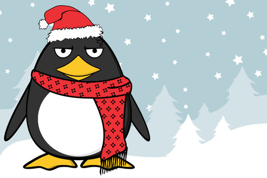 xmas grumpy penguin cartoon expression santa claus hat background in vector format 