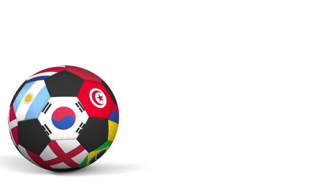 Football ball featuring different national teams accents flag of South Korea. 3D rendering