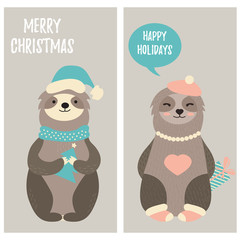 Set of Christmas card with two funny sloths in winter clothes