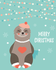 Christmas card with a cute girl sloth © danceyourlife