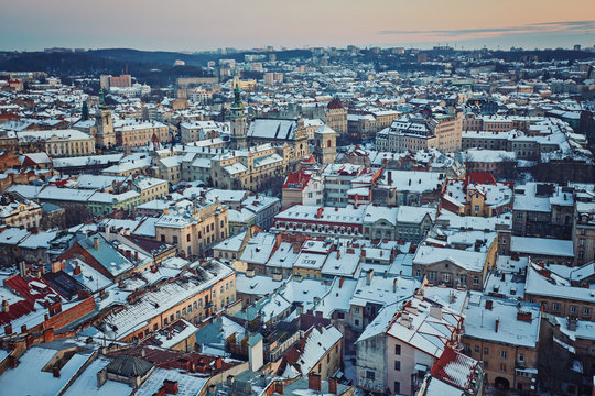 Scenic winter night snowy aerial view of the Old Town architecture