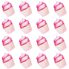 Watercolor baby shower pattern. Pink cupcake. For design, print or background