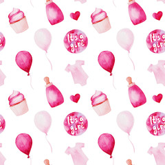 Watercolor baby shower pattern. Pink baloons, baby bottle and cake. For design, print or background