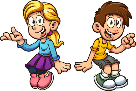 Cartoon boy and girl sitting next to each other. Vector clip art illustration with simple gradients. Each on a separate layer. 