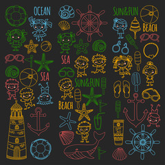 Beach set with children Kindergarten or school vacation Small kids, Nursery, Sea, Ocean, Lighthouse. Boys and girls Doodle vector icons and patterns