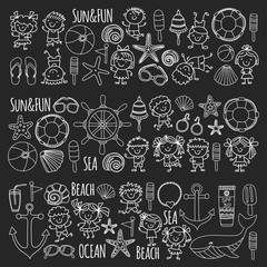 Beach set with children Kindergarten or school vacation Small kids, Nursery, Sea, Ocean, Lighthouse. Boys and girls Doodle vector icons and patterns