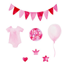 Watercolor baby shower set. Its a girl theme with baloons and flag. For design, print or background