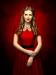 Woman Historical Hairstyle and Retro Dress, Fashion Model in Red Victorian Period Style