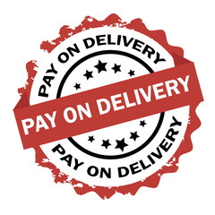 Pay on delivery text written on red and black round stamp