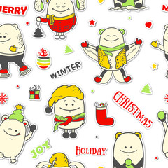 Christmas seamless pattern with funny characters. Set of colorful scrapbook personages. Vector illustration with cute monsters for new year greeting card, winter holiday cover art, wrapping.