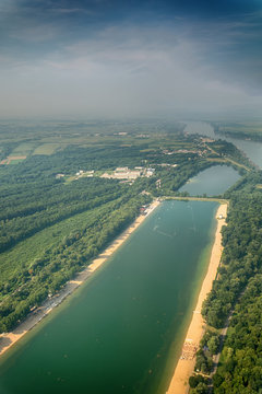 Ada Ciganlija lake in Belgrade seen from the plane
