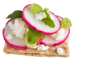 A sandwich with cheese, radish and onions on a white background.