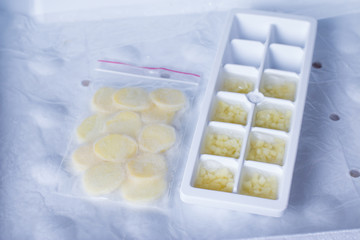 Frozen grated ginger in the freezer