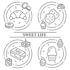 Cakes and cookies theme horizontal banner. Pictograms of pie, brownie, biscuit, tiramisu, roll and other dessert related elements Line out symbols Simple silhouette Editable stroke