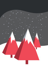 Christmas Card with three red snow covered pyramidal trees. Vector template