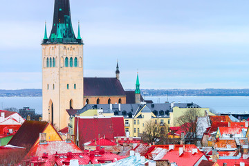 Cityscape and St Olaf Church in Old town of Tallinn
