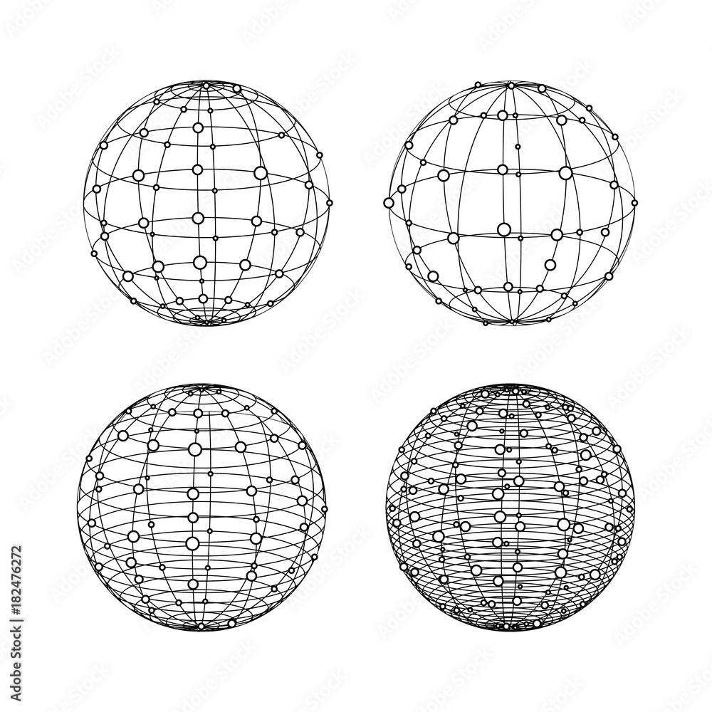 Poster wireframe spheres set. globe symbols with dots