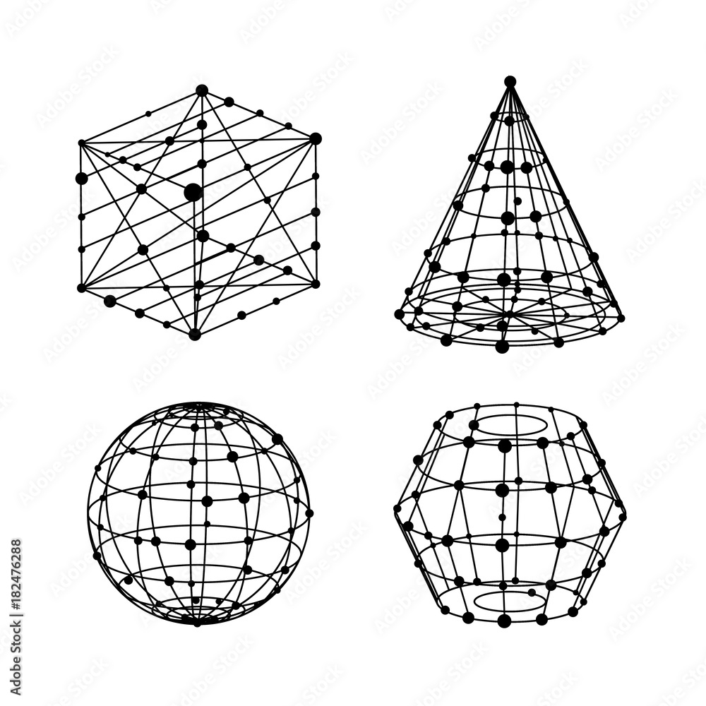 Poster geometry wireframe shapes set. cube, pyramid, ball network line. vector illustration design sphere a