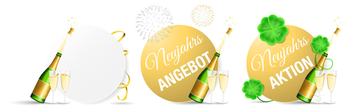 Silvester Neujahr Angebot Vektor Set mit Feuerwerk Sektgl&auml;ser und Sektflasche