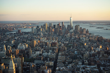 Aerial view of Skyscrapers in Downtown and Lower Manhattan NYC